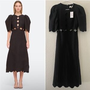 Sea New York NWT Leona Short Sleeve Cut Out Scalloped Midi Dress in Black Size 2